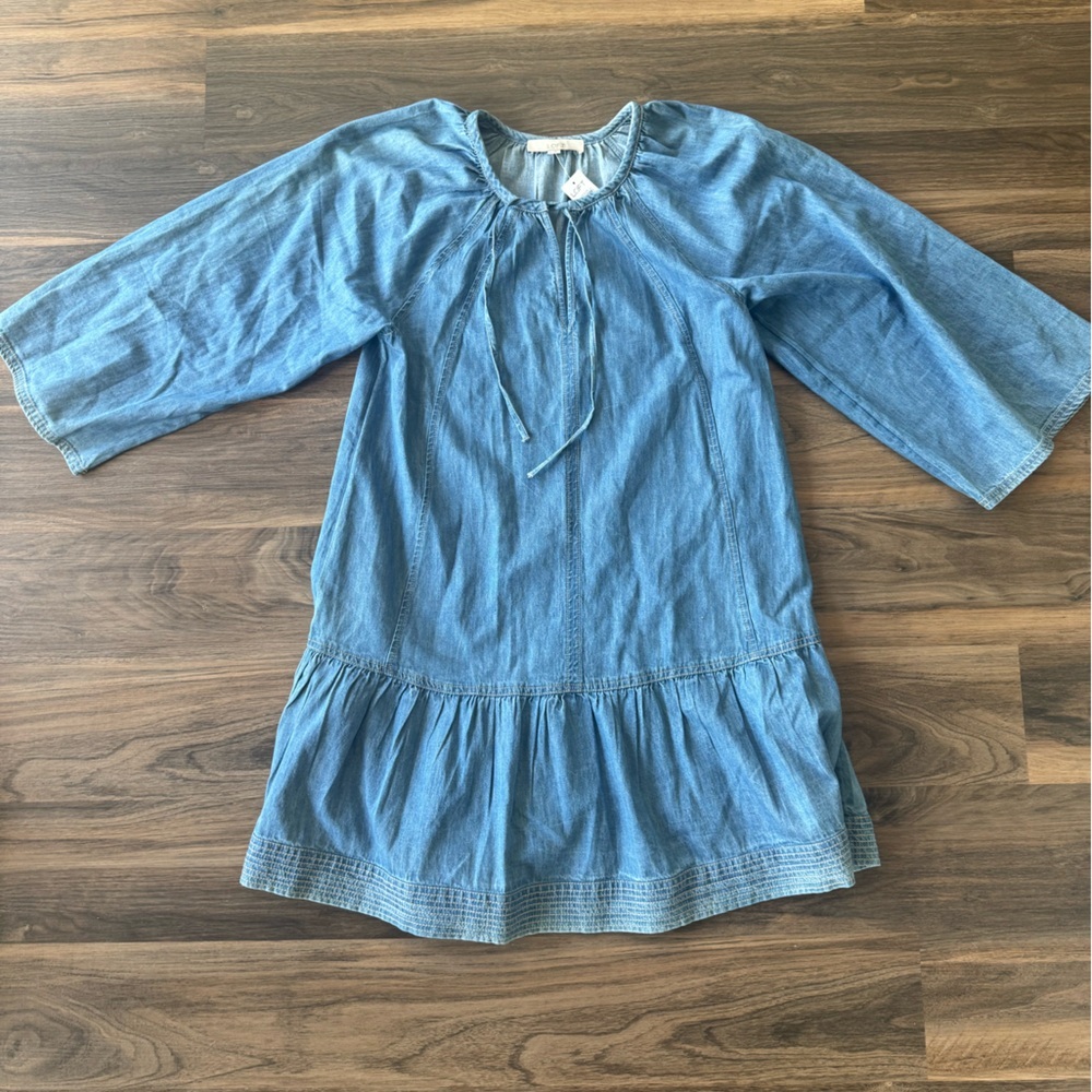 Loft Dress Size Small Blue Chambray Tie Neck Flounce Swing Denim Long Sleeve NWT